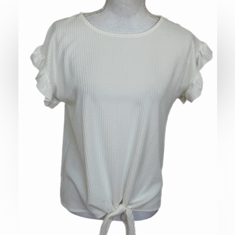 Set The Stage White Ribbed Tie Front Ruffle Sleeve Top Size Small - Picture 2 of 6